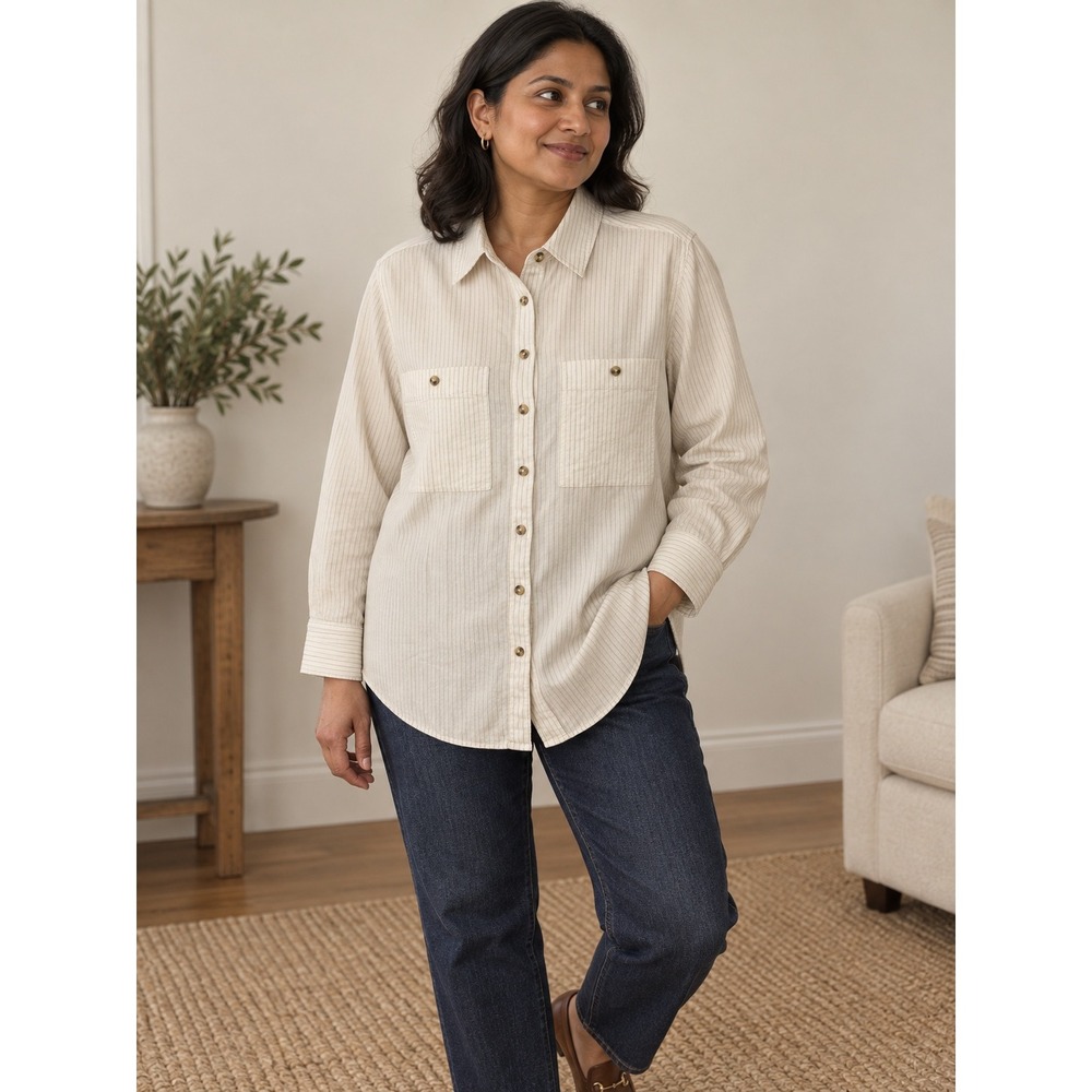 Club Monaco Womens Medium Cotton Striped Long Sleeve Button Down Shirt Cream Tan